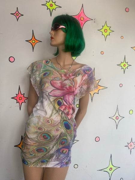 Y2K Pastel Tattoo Peacock Floral Dress Lace Flutter Sleeve Fairycore Mini - S
