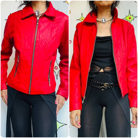 Y2K | GUESS Cherry Red Leather Jacket Indie Sleaze Glam Rock Moto Jacket | Small