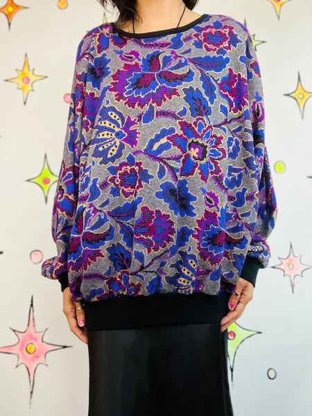 Vintage 80s 90s Purple Boho Fairy Grunge Digital Floral Batwing Sweater - XL