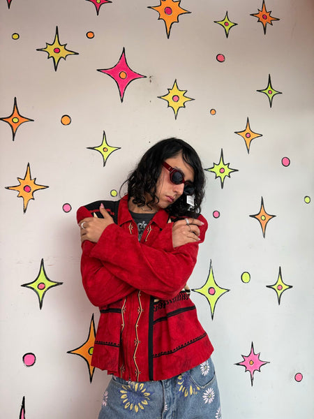 Red Western Blazer 80s Cowboycore Folk Art Jacket Office Siren Glam Statement L