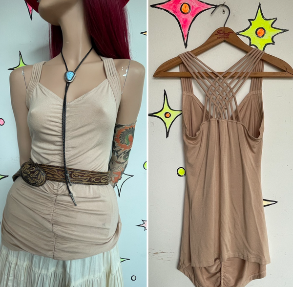 Y2K Beige Tank Top Soft Grunge Boho Fairy Ruched Layering Basic | M