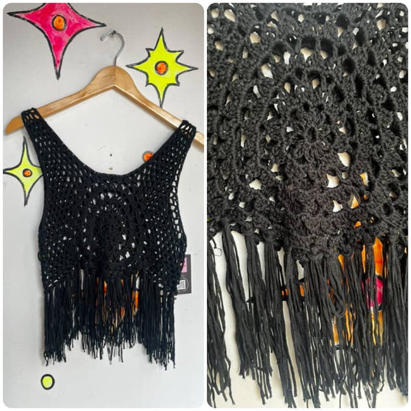 Y2K 60s 70s style | Black Crochet Fairy Grunge Whimsy Goth Boho Top | Free Size