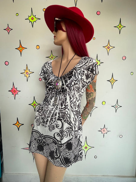 Y2K Black & White Tattoo Graphic Print Tunic Top Fairy Whimsy Goth Grunge L