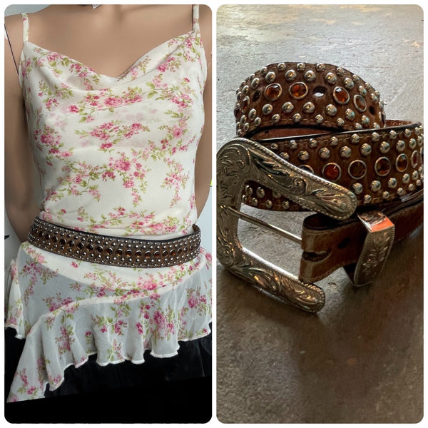 Y2K Rhinestone Belt Cowhide Leather Western Bling Cowgirl Glam Statement Belt