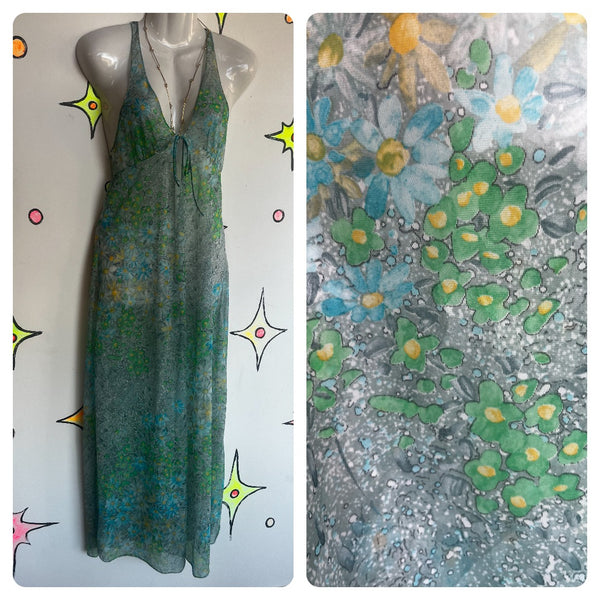 Vintage 60s 70s | Blue Green Floral Fairy Grunge Maxi Slip Dress Sexy Nighty