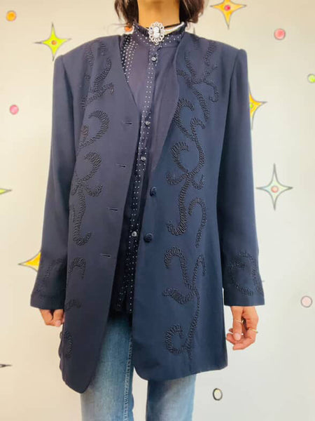 Vintage 80s 90s Navy, Black Embroidered Wearable Art Blazer Office Glam Size 12
