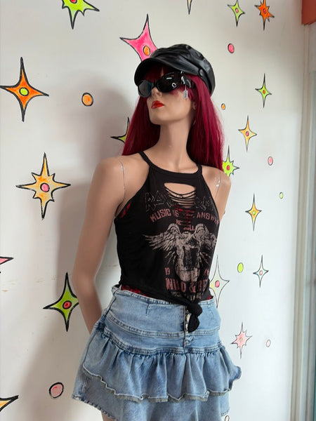 Y2K Black Thrashed Grunge Goth Metal Tattoo Print Tee Tank Top S/M