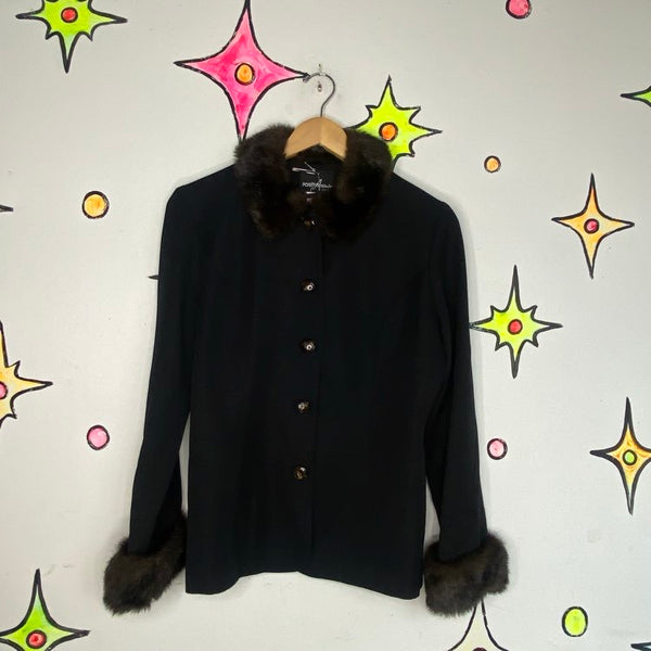 Vintage 90s Black Blazer Vegan Fur Trim Positive Attitude Office Siren Glam - M