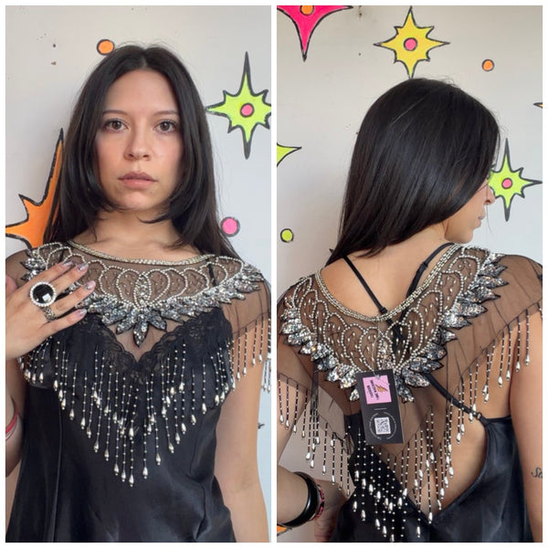 Vintage Beaded Fringe Flapper Western Collar Whimsigoth Glam Statement Cape