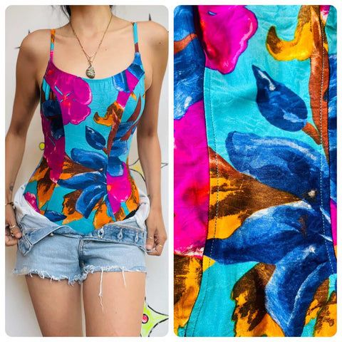 Vintage 70s/80s One-Piece Swimsuit - Rainbow Floral Hawaiian Print - Size 16