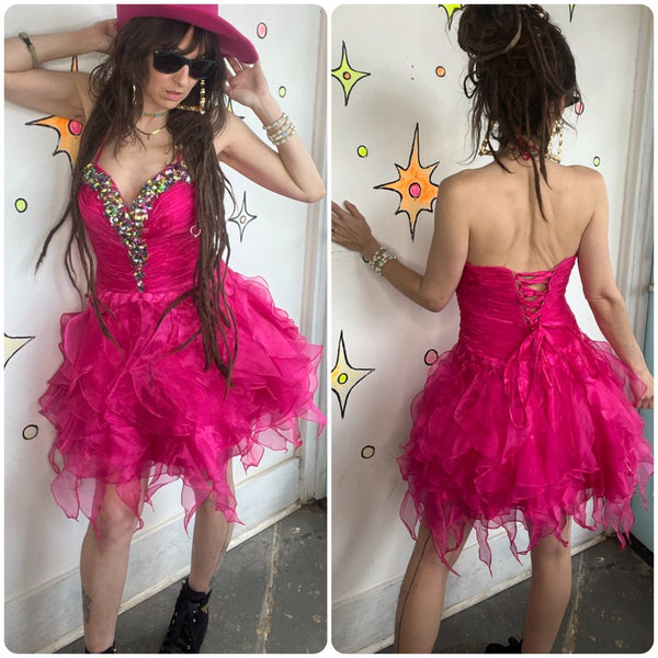 Y2K Hot Pink Rhinestone Tulle Party Corset Dress Prom Corset Glam Barbie Core M