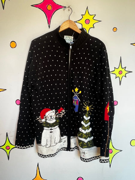 80s Quacker Factory Christmas Sweater Tacky Ugly Christmas Cat Snowman Tree M