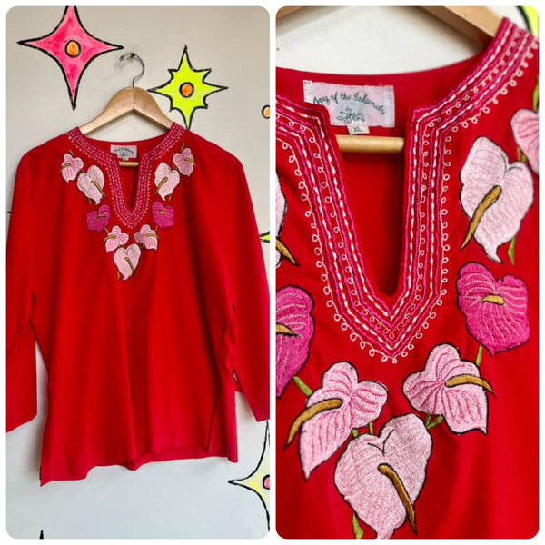 Vintage Cherry Red Boho Embroidered Cotton Blouse – Peasant Folk Top – Flowy XL