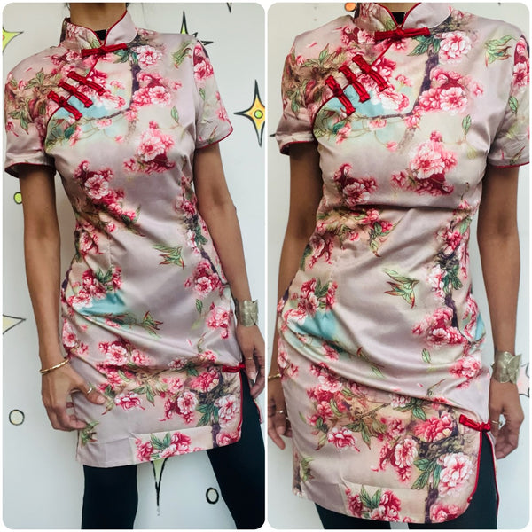 Pink Geisha Dress Cherry Blossom Floral Print Japanese Fairycore Grunge Mini SM