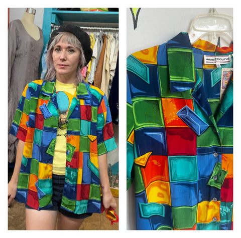 Vintage 90s | Rainbow Abstract Silky Novelty Print Shirt Blouse | Size L