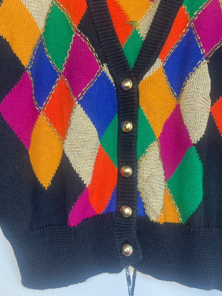 Rainbow Harlequin Cardigan Clowncore Sweater Beaded Deep V Button Front S/M