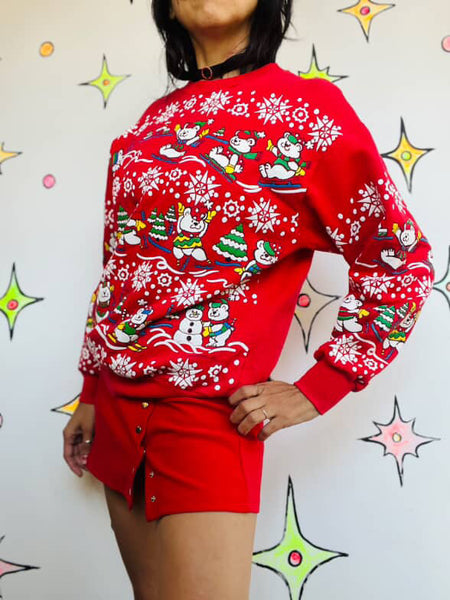 Vintage 80s Puffy Paint Teddy Bears Snowflakes Tacky Ugly Christmas Sweater ML