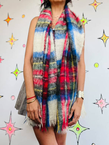 Vintage Oversized Mohair Wool Tartan Scarf | Punk Emo Grunge Plaid Wrap