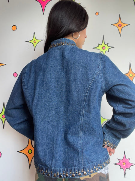 Y2K Beaded Denim Jacket | Embellished Rhinestone Indie Sleaze McBling Glam L
