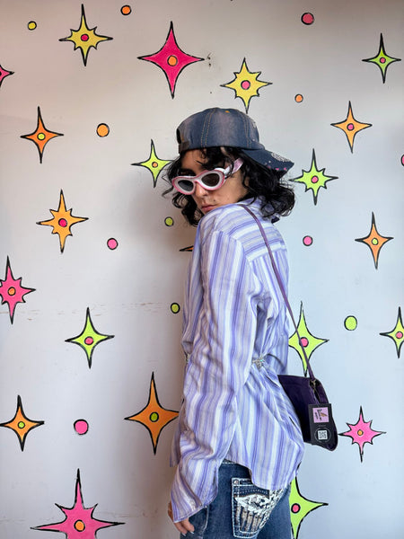 Y2K Purple Pinstripe Shirt Fairy Goth Mall Goth Indie Sleaze Grunge L/XL