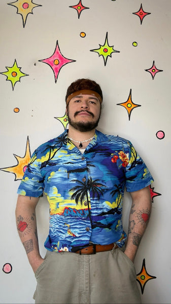 Blue Hawaiian Aloha Shirt Vintage Tiki Party Button Up Tropical Shirt SM