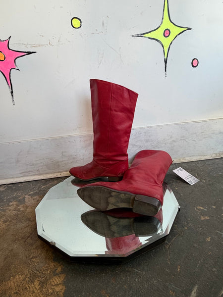 Vintage 80s Cherry Red Leather Boots Classic Riding Western Boots Rocker Glam 7