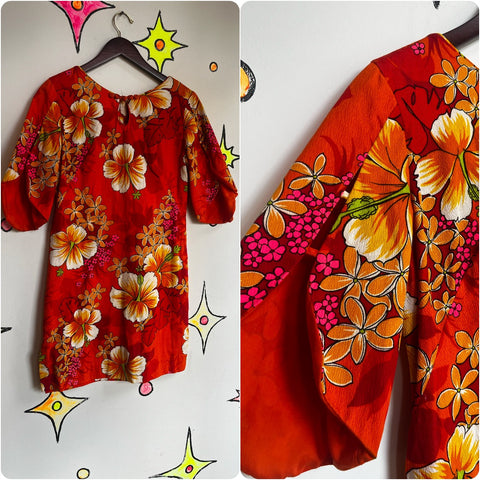 Vintage 60s 70s | Psychedelic Day Glo Orange Hawaiian Mini Dress | Size M