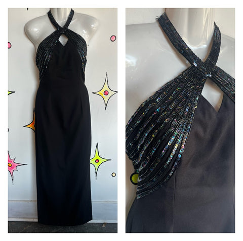 Vintage 90s Y2K | Navy Embellished Full Length Formal Dress with Slit | Size M