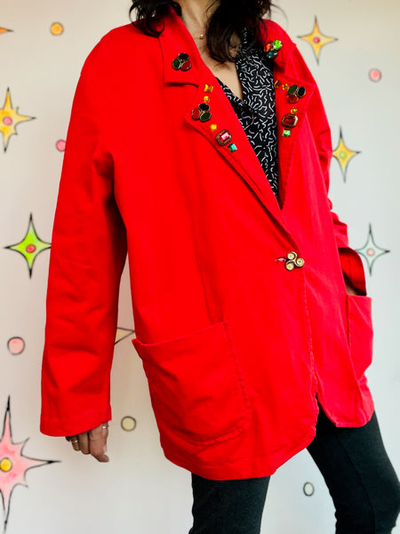 Vintage 80s Cherry Red Christmas Holiday Party Blazer - Glam Bedazzled - XL+