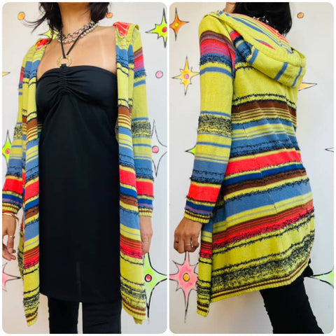 Y2K Rainbow Striped Hooded Cardigan Southwestern Boho Fairy Grunge Sweater – M/L