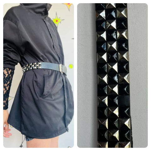 Vintage Y2K Black Pyramid Studded Leather Belt - Triple Tier - Size M 34-36