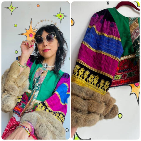 Vintage | Afghan Cropped Coat Artisan Beaded Patchwork Bohemian Vest | Fur Trim