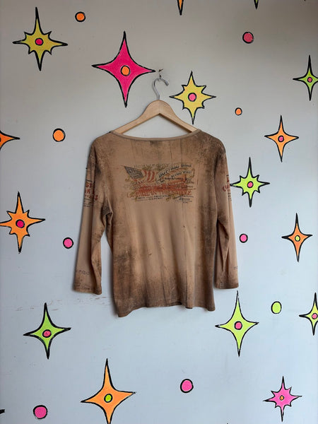 Y2K Tattoo Print Tee Indie Sleaze Western Grunge Graphic T Shirt Khaki McBling L
