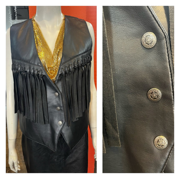 Vintage 80s 90s | Black Faux Leather Fringe Vest Cowgirl Biker Western | M