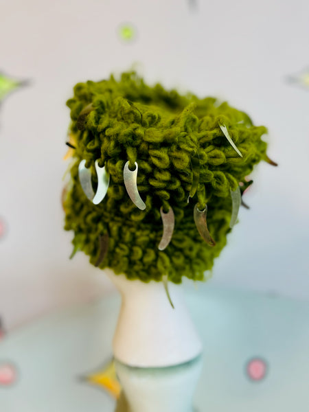 Vintage 1960s Green Shaggy Crochet Sequin Hat | Made in Japan | Wearable Art