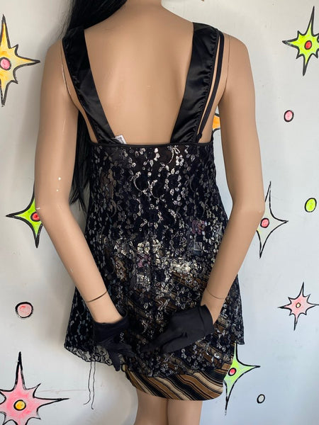 Black Metallic Lace Slip Dress | Whimsy Goth Fairy Grunge Sheer Lingerie Dress M