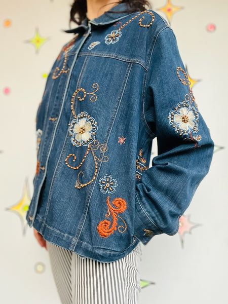 Vintage 90s Y2K Floral Embellished Denim Jacket Boho Fairy Grunge Jean Jacket L