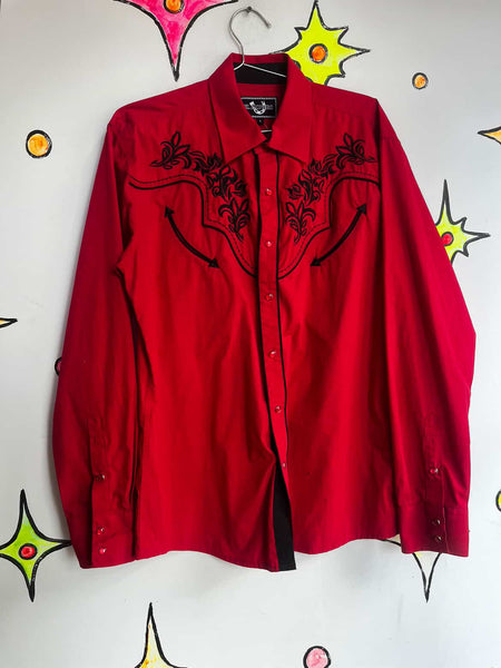 Vintage | Red Mens Western Embroidered Pearl Snap Shirt | Size XL