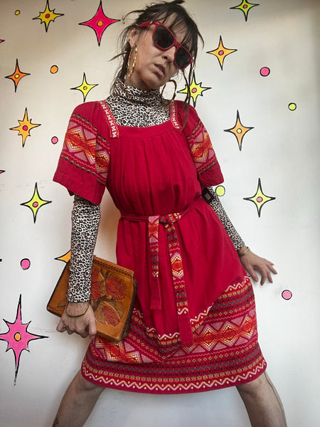 Vintage Mexican Embroidered Dress Red Oaxacan Folk Boho Fiesta Cotton - SM