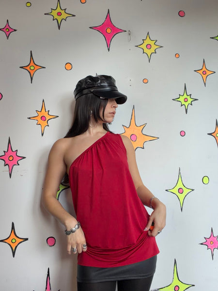 Y2K Red Asymmetrical Top | Indie Sleaze Fairy Grunge Going Out Stretch Blouse L