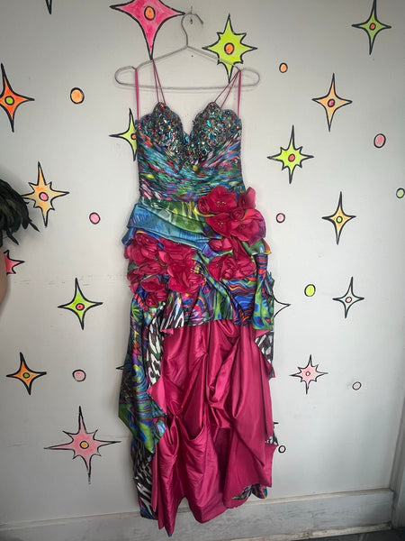 Y2K Bejeweled Peacock Prom Dress Maximalist Rainbow Hi-Low Glam Gown S
