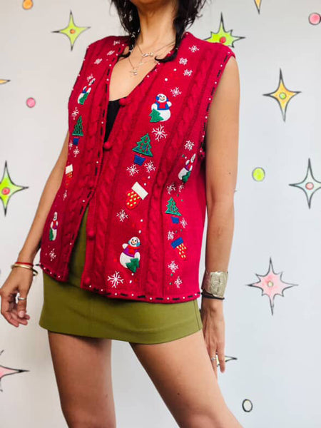 Vintage 90s Red Christmas Vest | Snowman Sweater Vest | Ugly Xmas Party – Size M