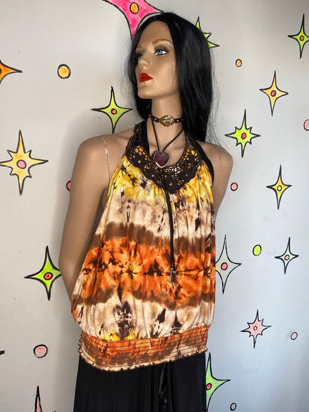 Y2K Earthtone Tie Dye Crochet Halter Top | Boho Fairy Grunge Stretch Tank – XL