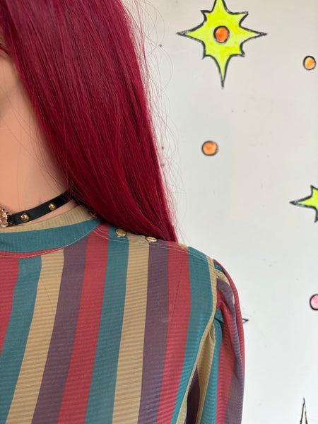 Vintage 70s Rainbow Striped Secretary Blouse Retro Dark Academia L