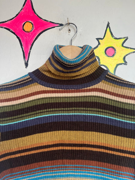 Retro Striped Turtleneck 60s 70s Mod Rainbow Groovy Clowncore Grunge Top M