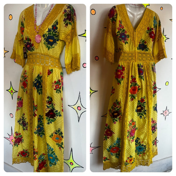 Vintage 60s 70s | Rainbow Embroidered Goddess Bell Sleeve Lace Peasant Dress | S