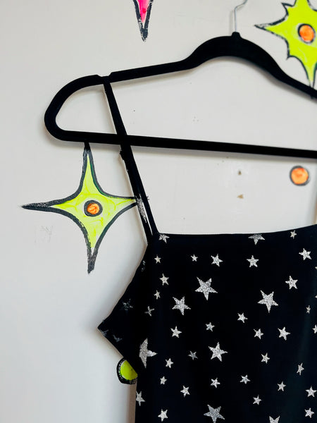 Black Party Dress Silver Stars - Y2K Witchy Fairy Goth Whimsy Celestial - M