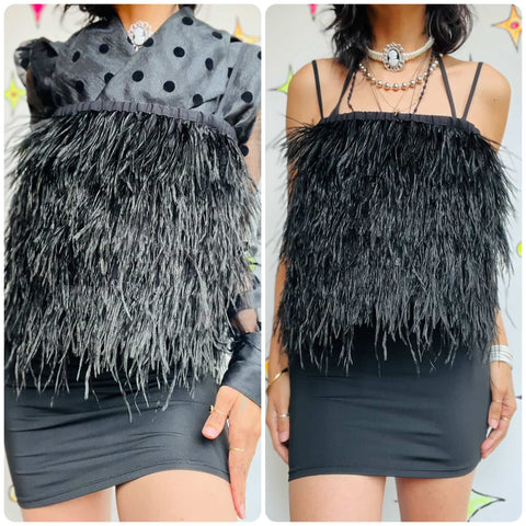 Vintage Gianni Bini Black Ostrich Feather Whimsy Goth Top / Skirt - Size L