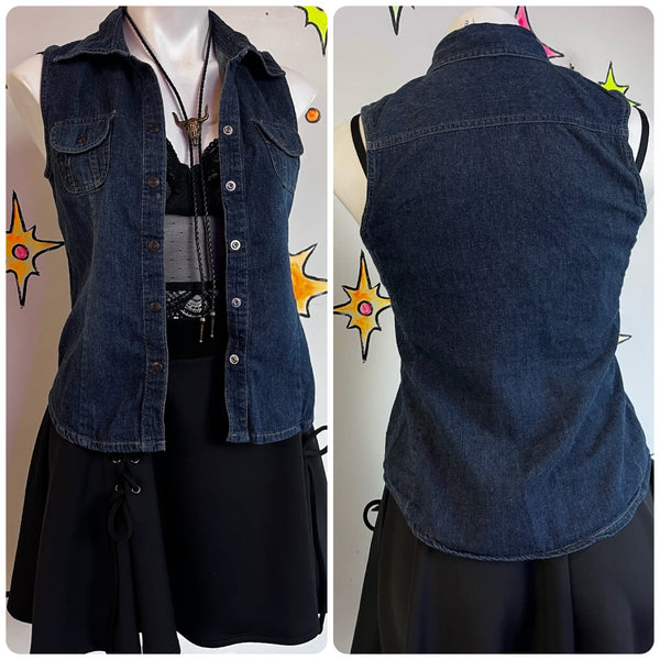 Vintage Y2K Denim Sleeveless Button-Up Indie Sleaze Grunge Biker Vest – S