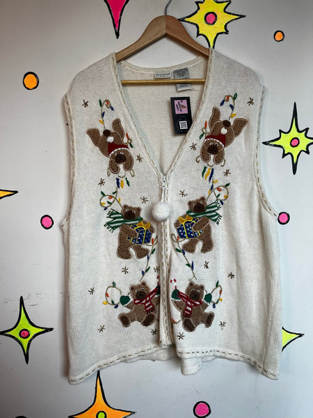 Vintage White Ugly Christmas Sweater Vest Zip Front Holiday Party Knit XL+